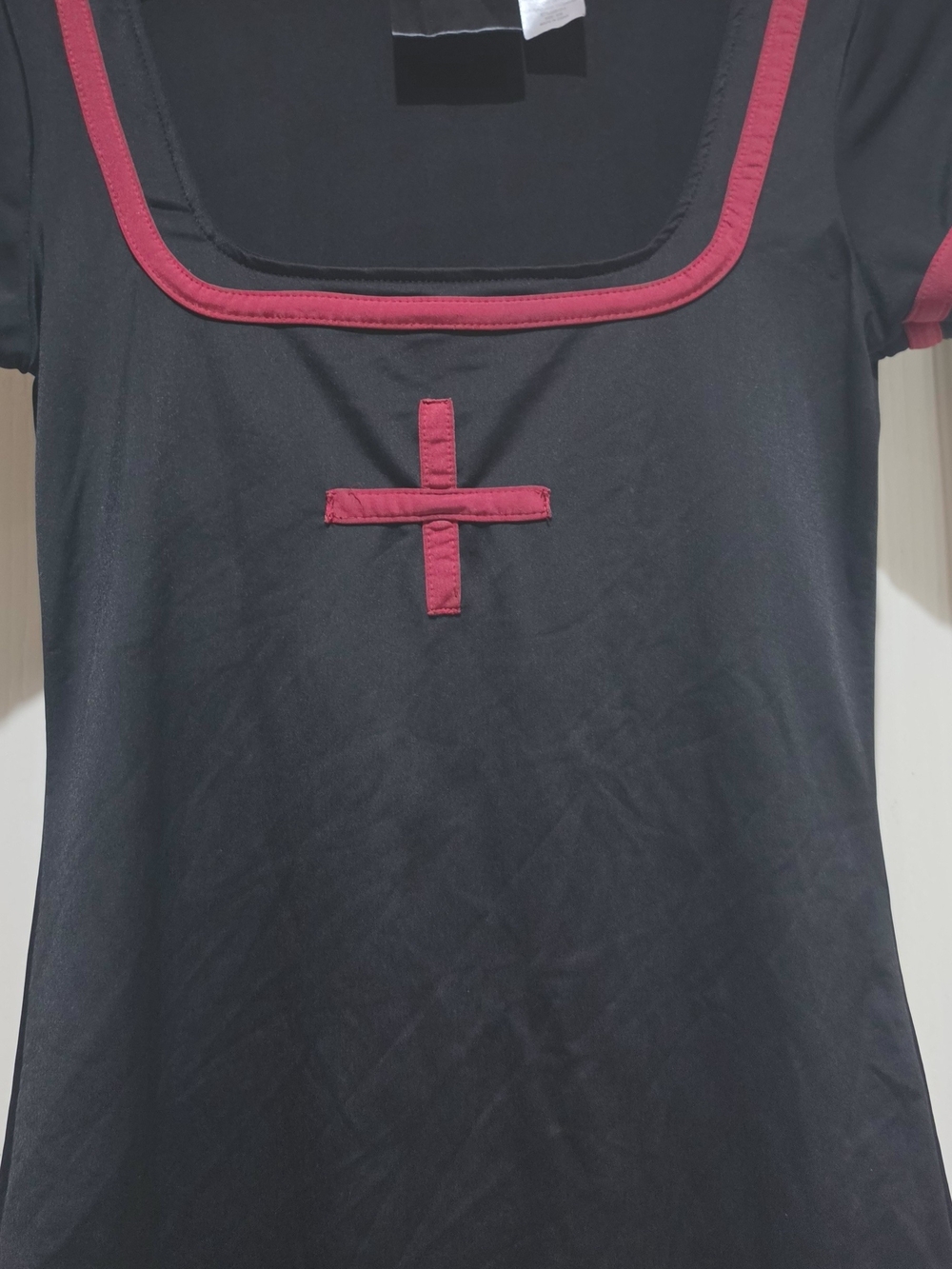 Black Mini Dress with Burgundy Trim and Cross Detail - Picture 2 of 4